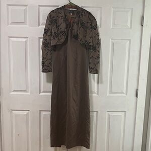 Cachet Elegant Brown Dress with Black Floral Overlay
